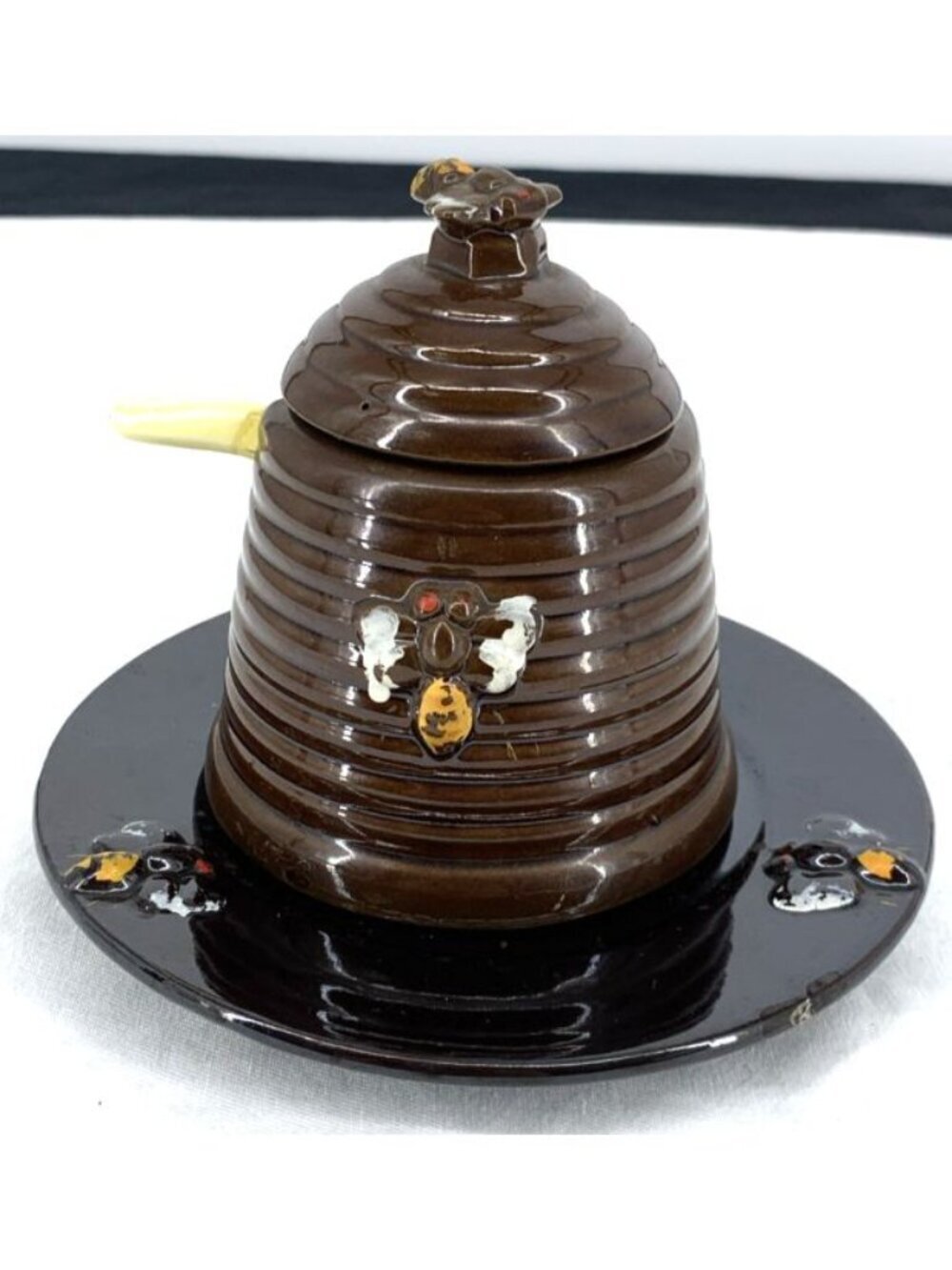 Bumble Bee Beehive Honey Jar Pot w/ Wood Spoon Dipper Ceramic Japan